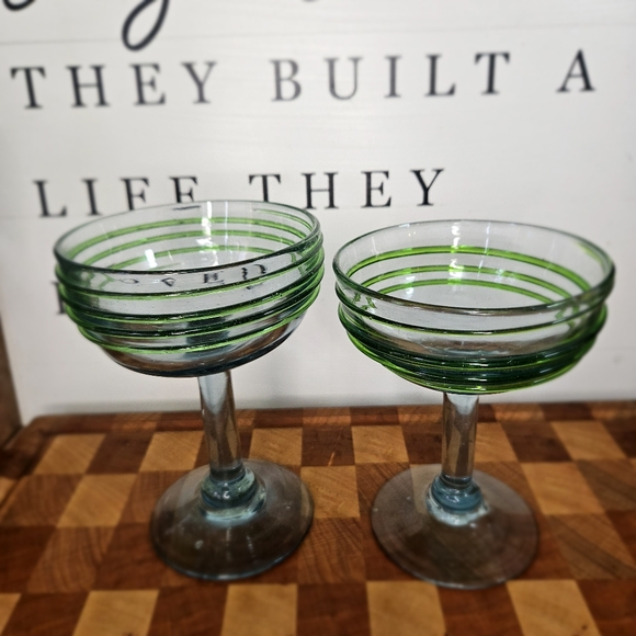 Handblown Blue & Green Swirl Margarita Glasses Set Of Two - Picture 2 of 11